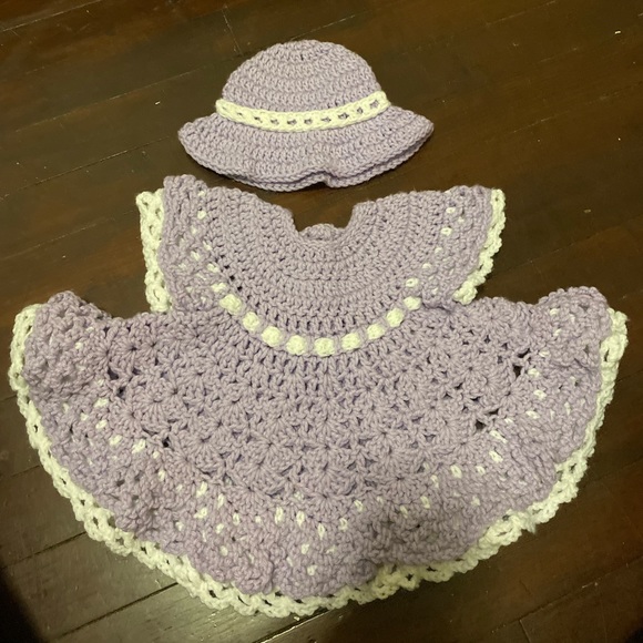 Lavender Crochet Ruffle Dress with Hat